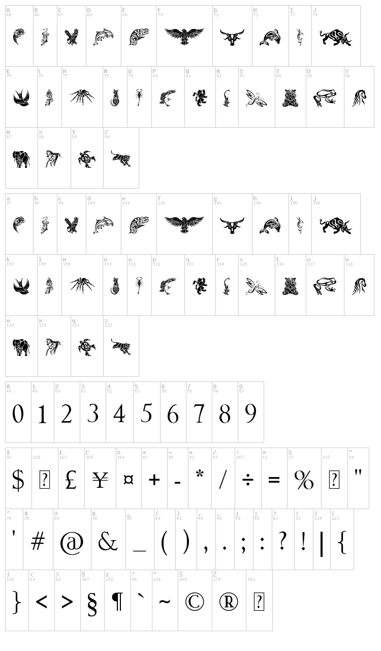 Tribal Animals Tattoo Designs font map